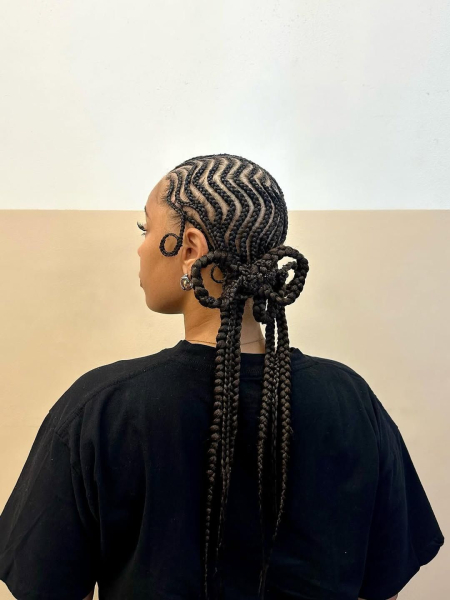 Cornrows braided into a bow